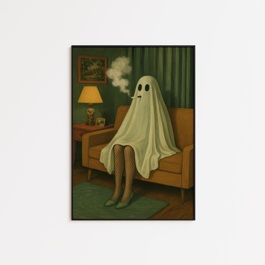 Retro Gothic Wall Art – Smoking Ghost Surreal Print With Dark Humor