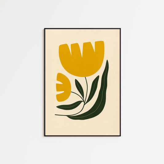 Retro Tulip Wall Art – Minimalist Floral Poster | Mustard Green Decor, Midcentury Flower Print
