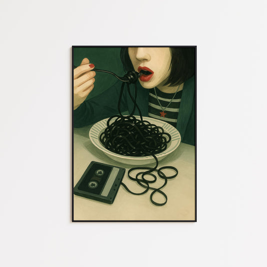 Retro Music Poster – Surreal Art Print With Cassette Tape Noodles & Quirky Wall Decor