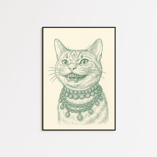 Cool Cat Line Art Poster – Funny Vintage Illustration, Quirky Animal Wall Decor