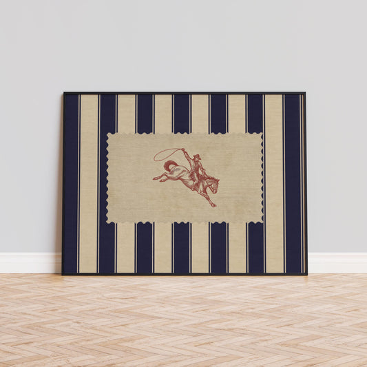 Western Cowboy Wall Art – Vintage Rodeo Print with Striped Background Design