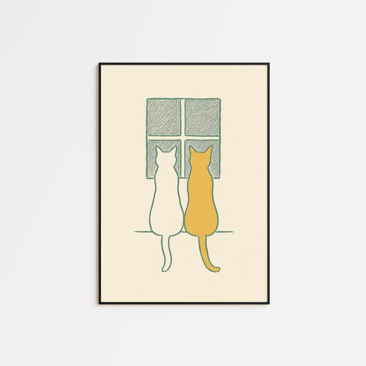 Window Companions – Minimal Two Cats Line Art, Scandinavian Wall Poster
