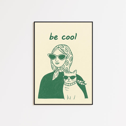 Be Cool Cat Poster – Vintage Line Art Print, Minimalist Retro Wall Decor