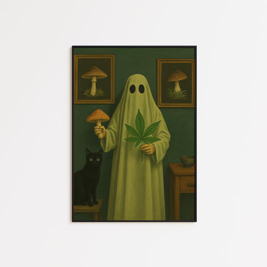 Gothic Surreal Wall Art – Ghost With Mushroom, Leaf & Black Cat Print