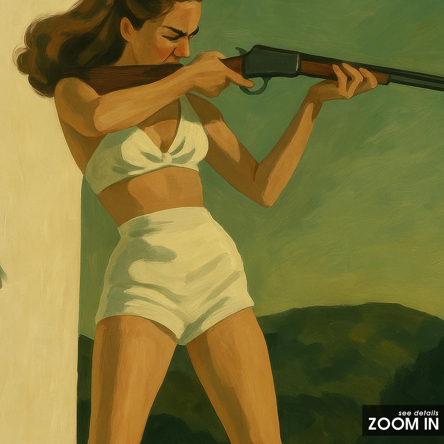 Retro Woman Rifle Poster – Feminine Power Art | Green Tone Wall Art