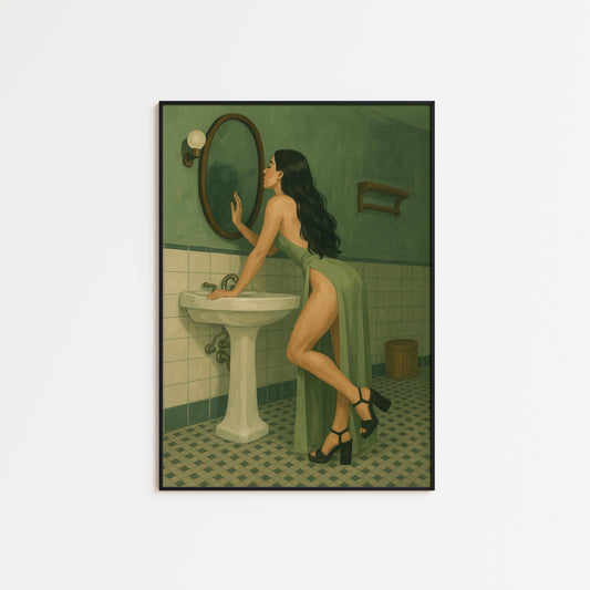 Retro Feminine Wall Art – Green Bathroom Poster With Flowing Dress & Vintage Tiles