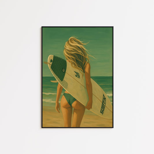 Vintage Surfer Girl Poster – Retro Beach Wall Art With Warm Coastal Tones