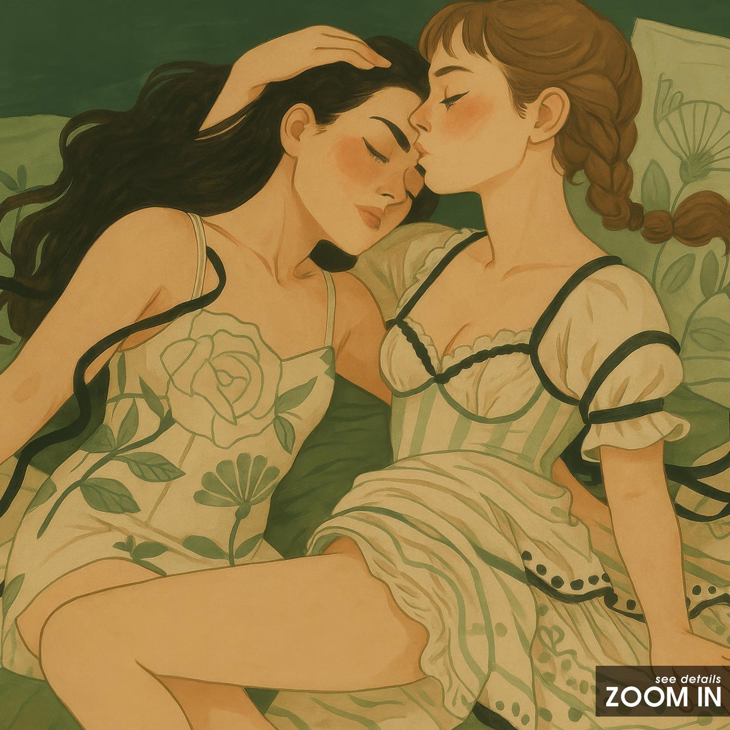 Sapphic Art Print – Tender Lesbian Embrace Floral Bedroom Wall Decor