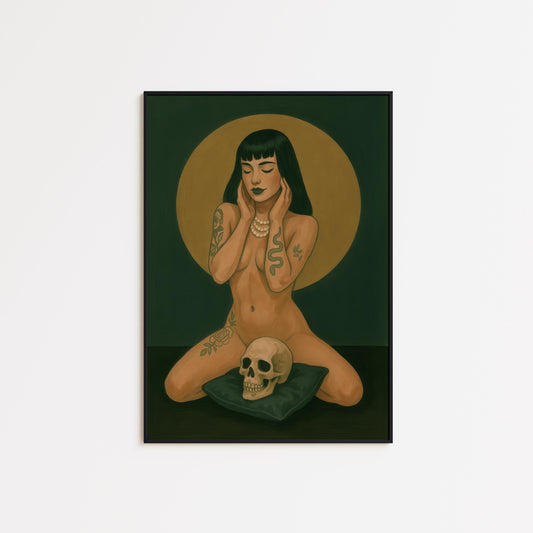 Dark Academia Wall Art – Tattooed Woman Print with Skull Gothic Decor