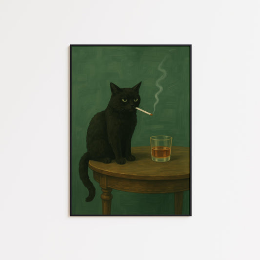 Moody Black Cat Poster – Dark Humor Wall Art | Whiskey Lover Gift Print