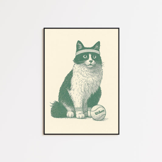 Tennis Cat Poster – Funny Vintage Animal Illustration, Sports Lover Wall Art