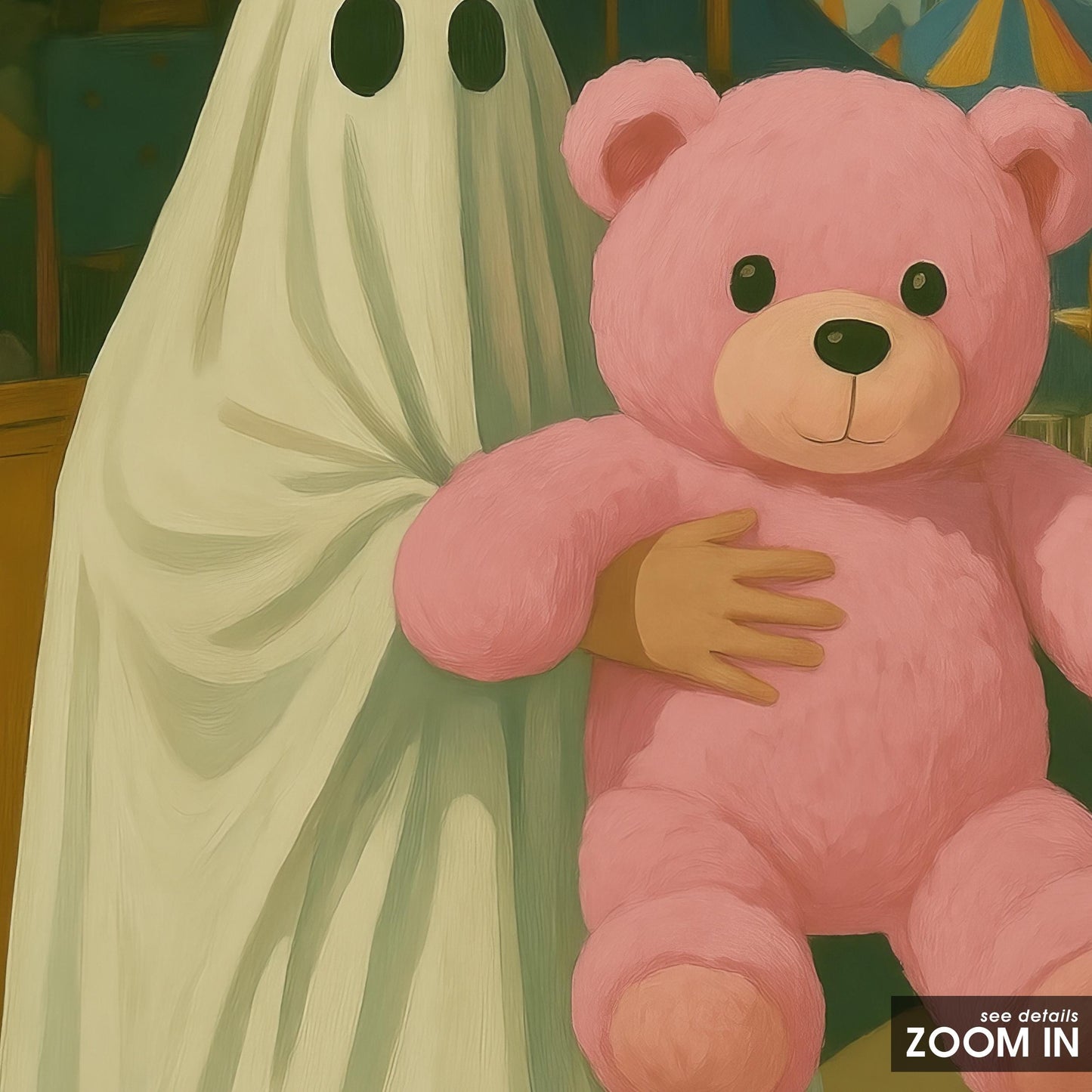 Whimsical Ghost Art - Playful Ghost Holding Pink Teddy Bear | Spooky Wall Decor