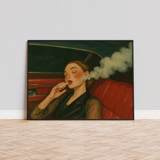 Retro Smoking Girl Art – Moody Red Interior Femme Fatale Poster Print