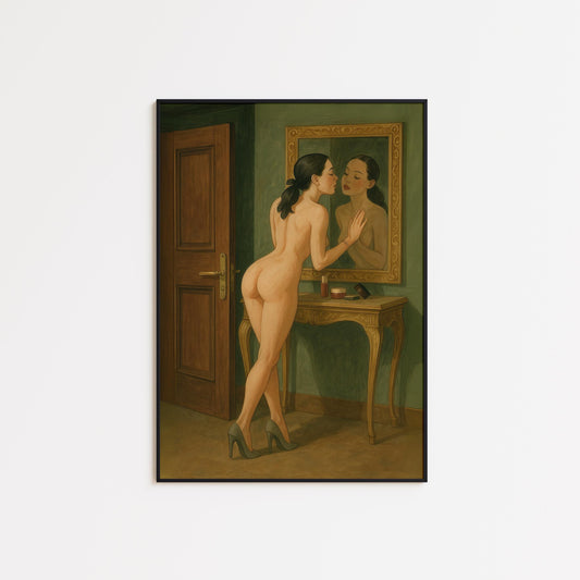 Sensual Feminine Art Print – Woman Kissing Mirror Vintage Intimate Poster