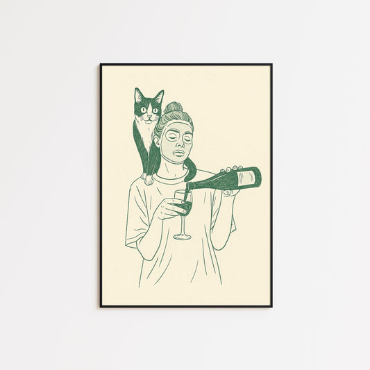Cat and Wine Line Art Print – Self Care Wall Art, Minimalist Home Decor Poster
