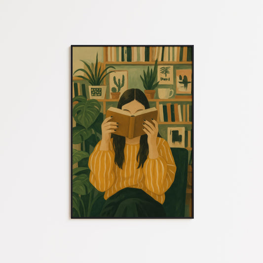 Library Wall Art – Cozy Reading Corner Poster With Book Lover Decor & Plant-Filled Room