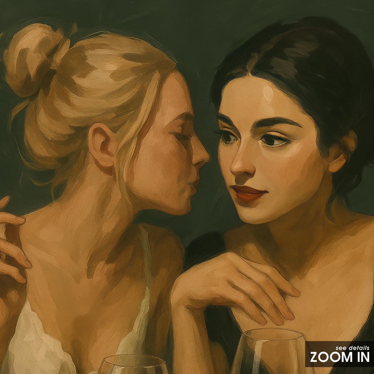 Romantic Bar Art Print – Intimate Lesbian Couple Sapphic Romance Wall Decor