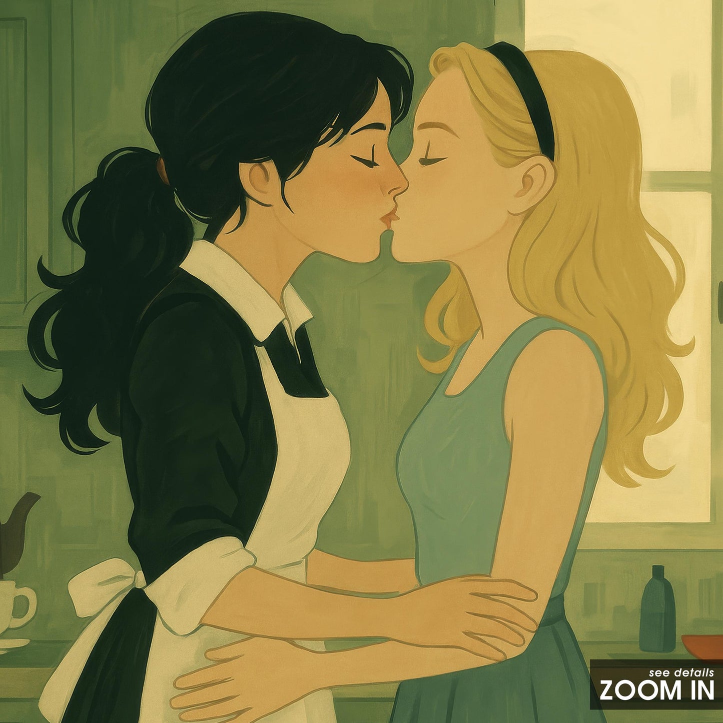 Sapphic Vintage Poster – Lesbian Kiss Art With Cozy Retro Kitchen Print