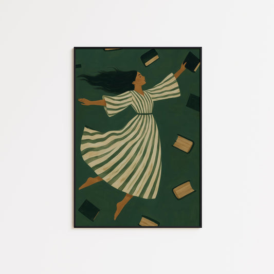Feminine Dark Green Poster – Floating Books Print With Muted Green Tones & Dreamy Woman Art