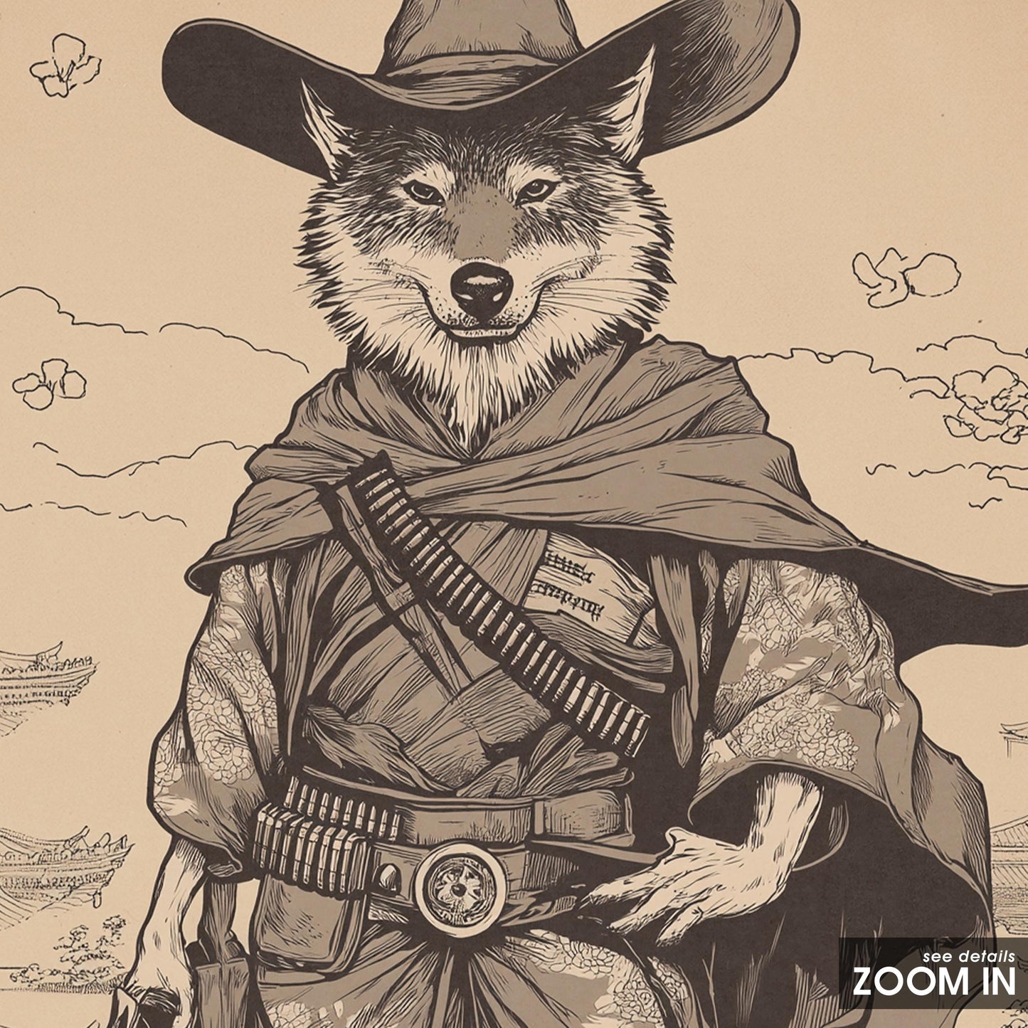 Wolf Gunslinger Samurai Poster – Sepia East-West Fusion Wall Art
