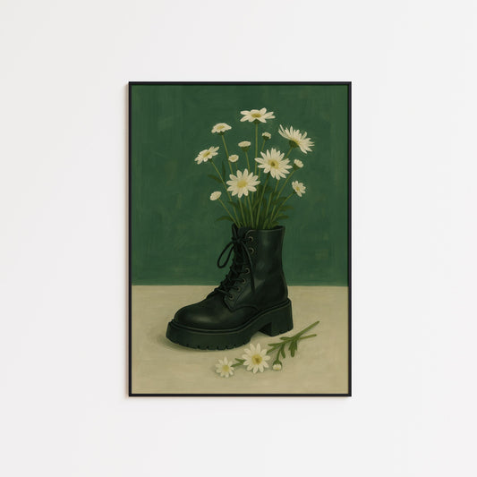 Combat Boot Art Print – Feminine Strength Botanical Wall Art With Daisies