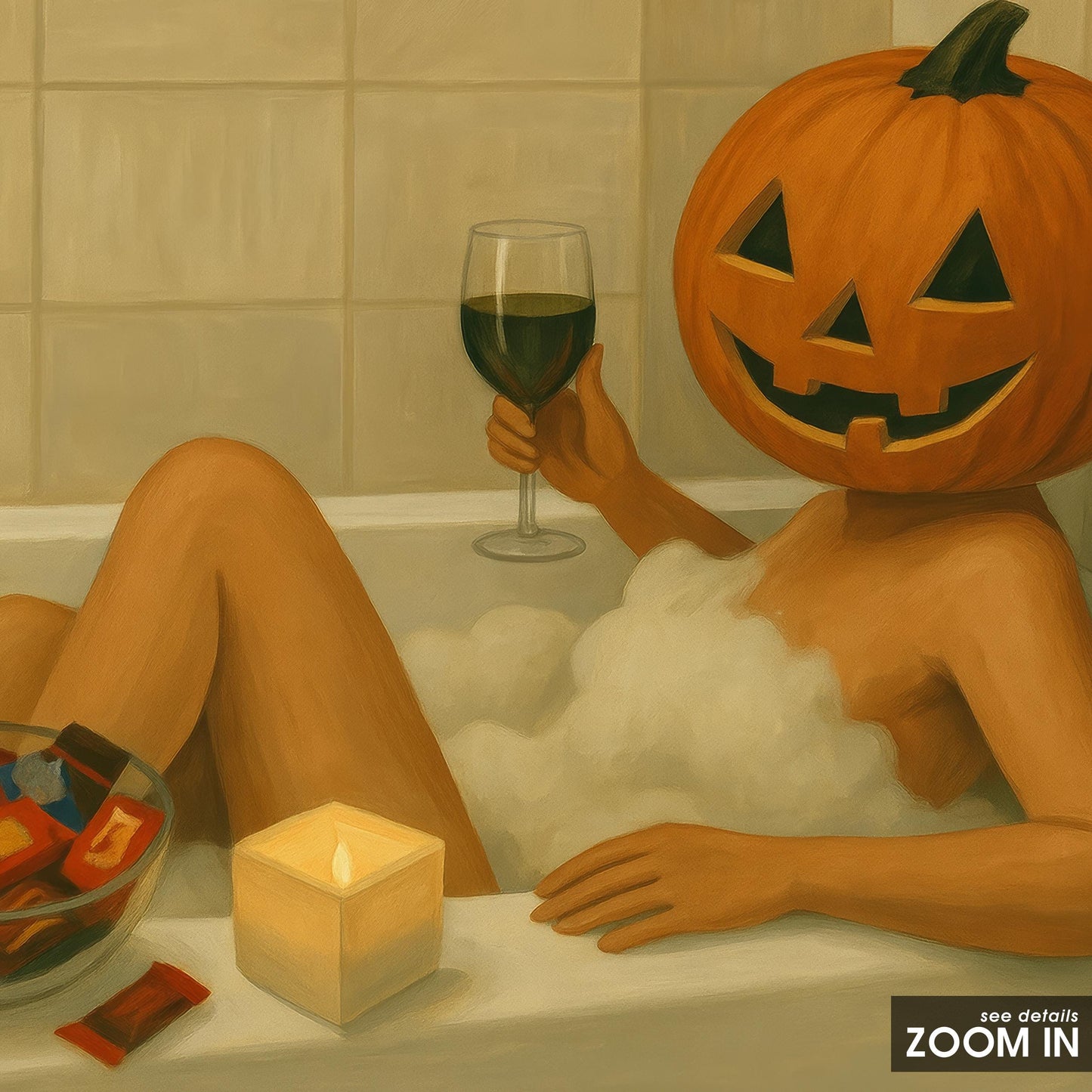 Pumpkin Head Bath Poster – Cozy Halloween Wall Art | Festive Autumn Decor