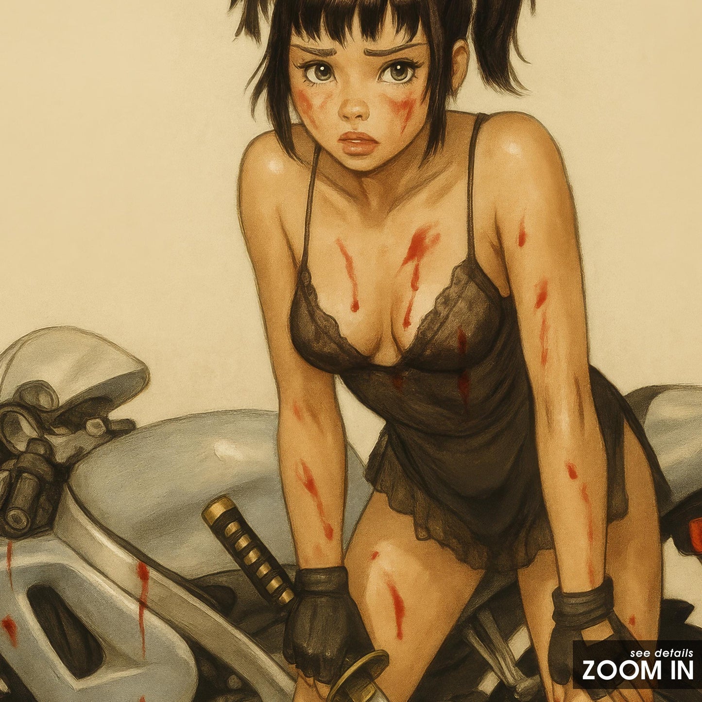 Femme Fatale Anime Poster – Fierce Motorcycle Femme Art With Bloody Katana Scene