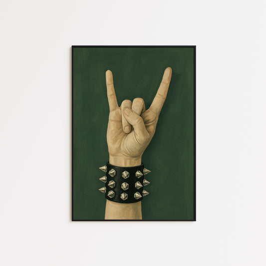Rock Hand Poster – Gothic Minimalist Wall Art With Studded Leather Bracelet
