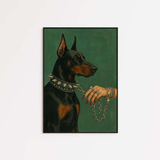 Doberman Wall Art – Luxury Dog Poster With Dark Green Decor & Bold Statement