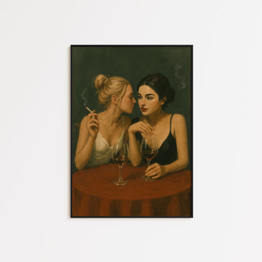 Romantic Bar Art Print – Intimate Lesbian Couple Sapphic Romance Wall Decor