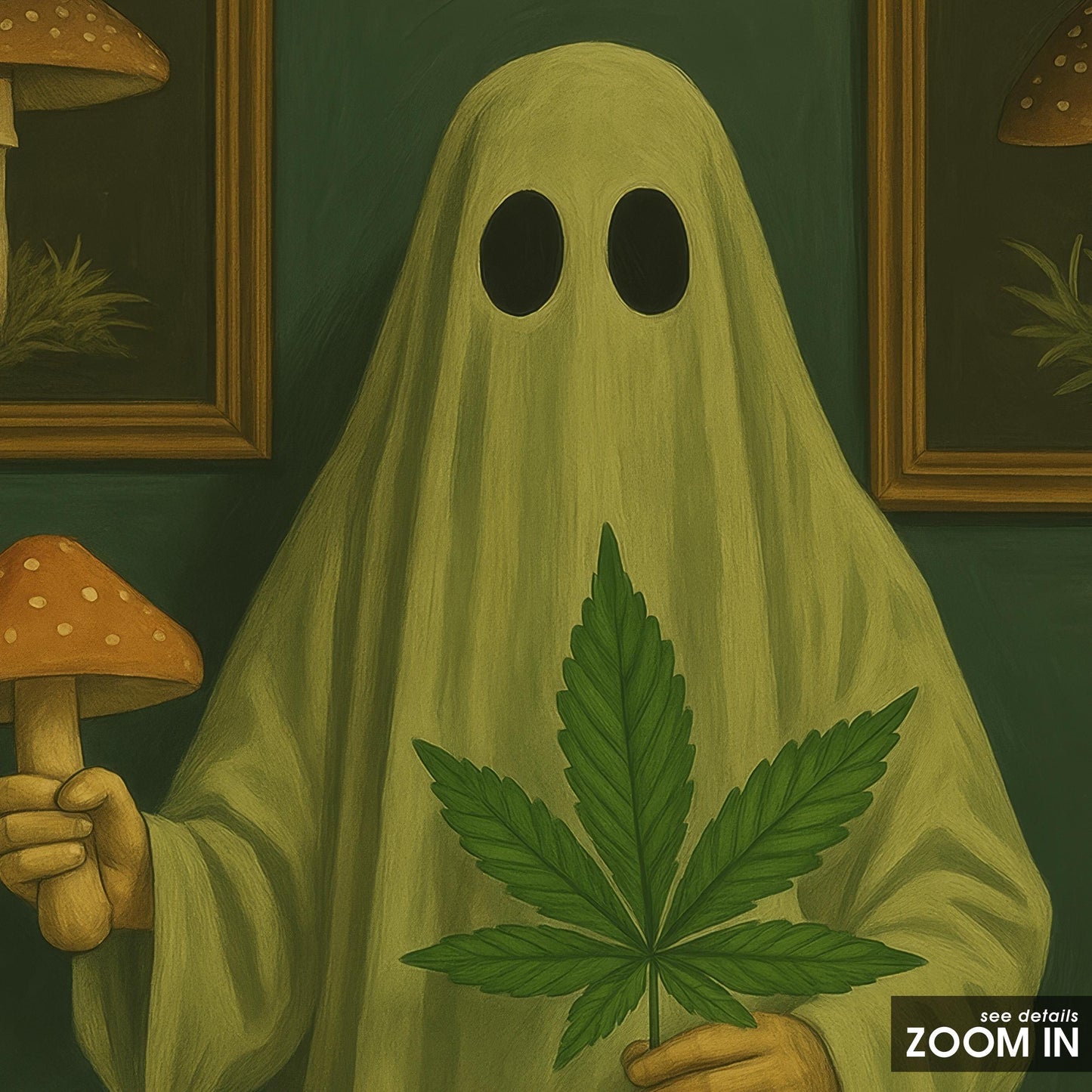 Gothic Surreal Wall Art – Ghost With Mushroom, Leaf & Black Cat Print