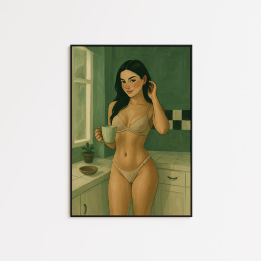 Morning Coffee Girl Poster – Feminine Wall Art | Boudoir Style Print in Soft Green Tones