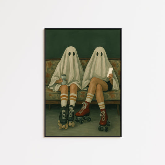 Retro Ghost Poster – Spooky Wall Art Featuring Roller Skate Ghost Friends Print