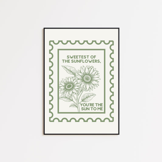 Sun To Me Poster, Sunflower Love Quote Poster – Vintage Stamp Style Romantic Wall Art