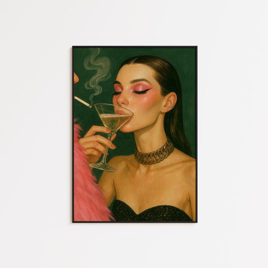Feminine Nightlife Art – Martini Moment Illustration | Glam Smoke Art Print