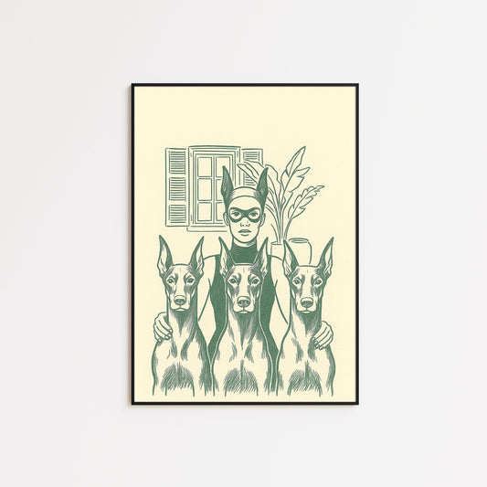 Masked Woman Poster – Feminine Power Art | Minimal Vintage Illustration, Green Line Drawing