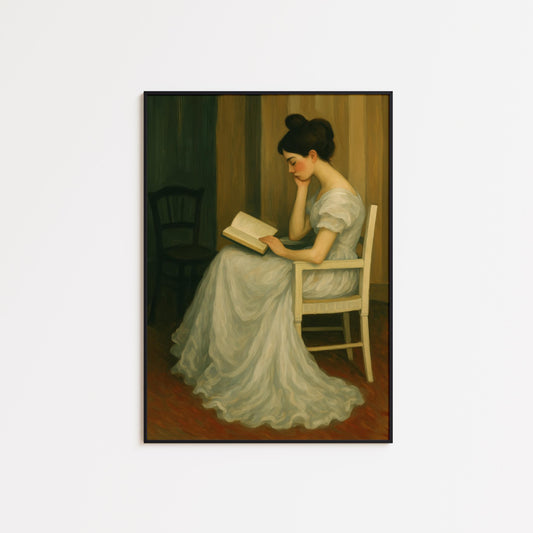 Vintage Reading Woman Poster – Dark Academia Art | Elegant Lady Print for Library Wall