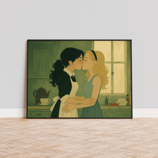 Sapphic Vintage Poster – Lesbian Kiss Art With Cozy Retro Kitchen Print