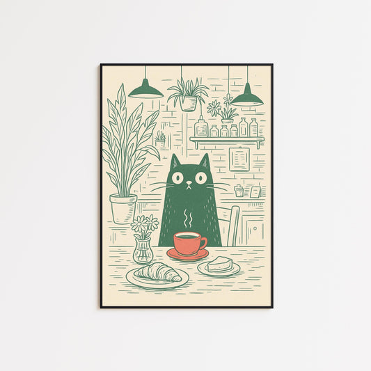 Cat Café Poster – Minimal Green Line Art of Cat with Coffee