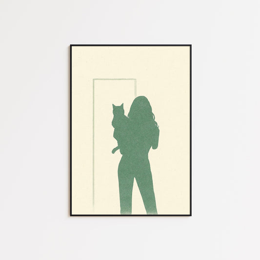 Woman and Cat Silhouette Poster – Minimal Line Art Print, Femmaura Bold Series