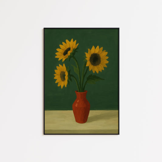 Sunflowers Wall Art – Bright Floral Print With Red Vase Artwork | Rustic Kitchen Decor