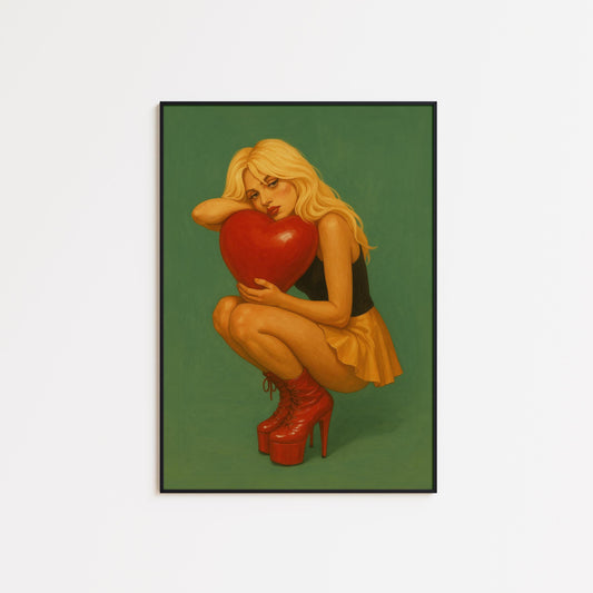 Vintage Feminine Art Print – Retro Wall Decor With Red Heart & Olive Green Tones