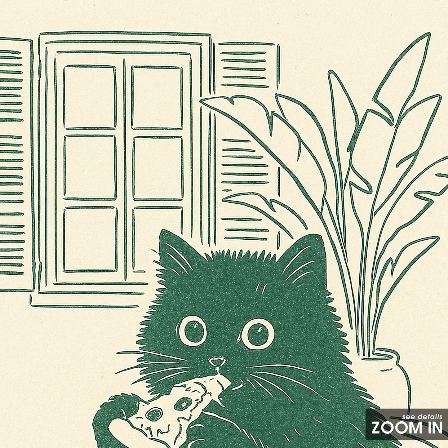 Cat Eating Pizza Poster – Funny Minimal Kitchen Wall Art