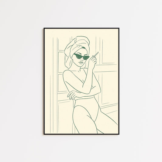 Towel & Cigarette Poster – Minimal Line Art Woman Print, Femmaura Bold Series