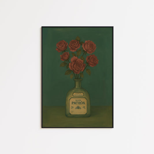 Patron Tequila Wall Art – Vintage Still Life with Red Roses & Rustic Charm Print