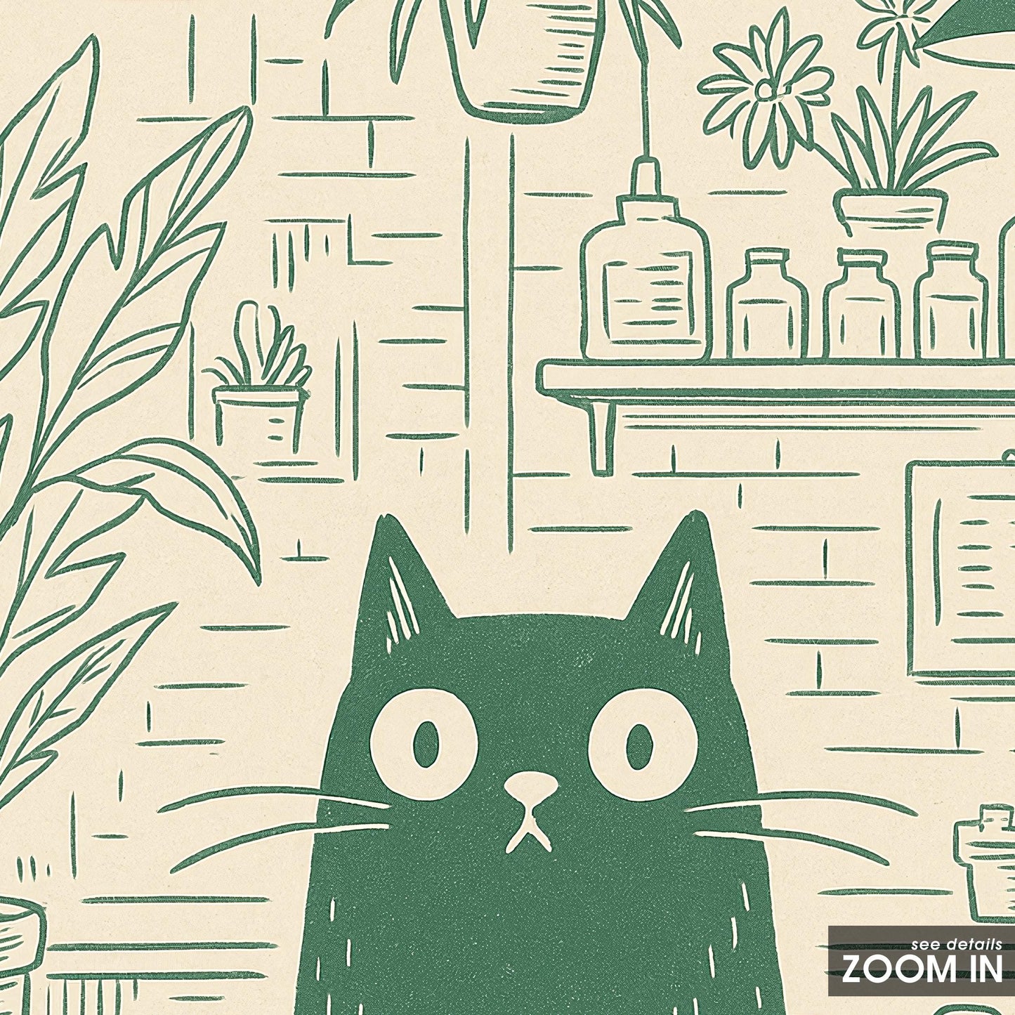 Cat Café Poster – Minimal Green Line Art of Cat with Coffee