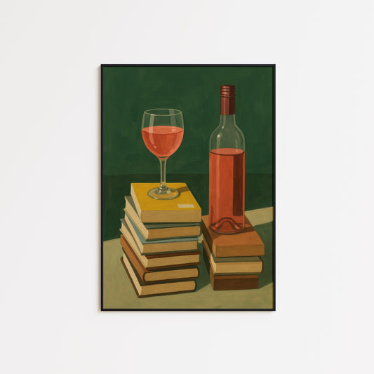 Wine And Books Poster – Cozy Reading Nook Art | Elegant Literary Wall Decor