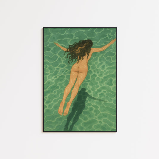 Minimalist Coastal Wall Art Featuring Nude Swimming Art Print – Serene Green Palette