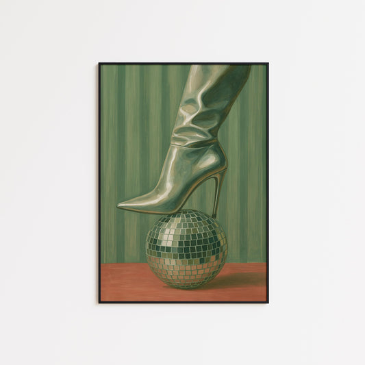 Disco Ball Poster – Retro Fashion Print With Stylish Boot Artwork & Feminist Wall Art