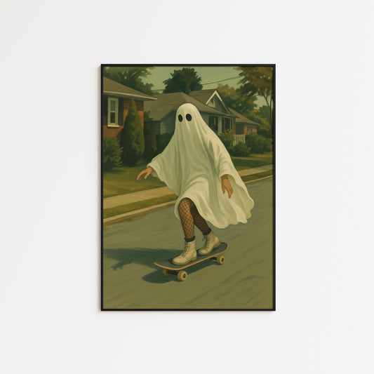 Skater Ghost Art Print – Whimsical Spooky Wall Poster | Retro Gothic Decor